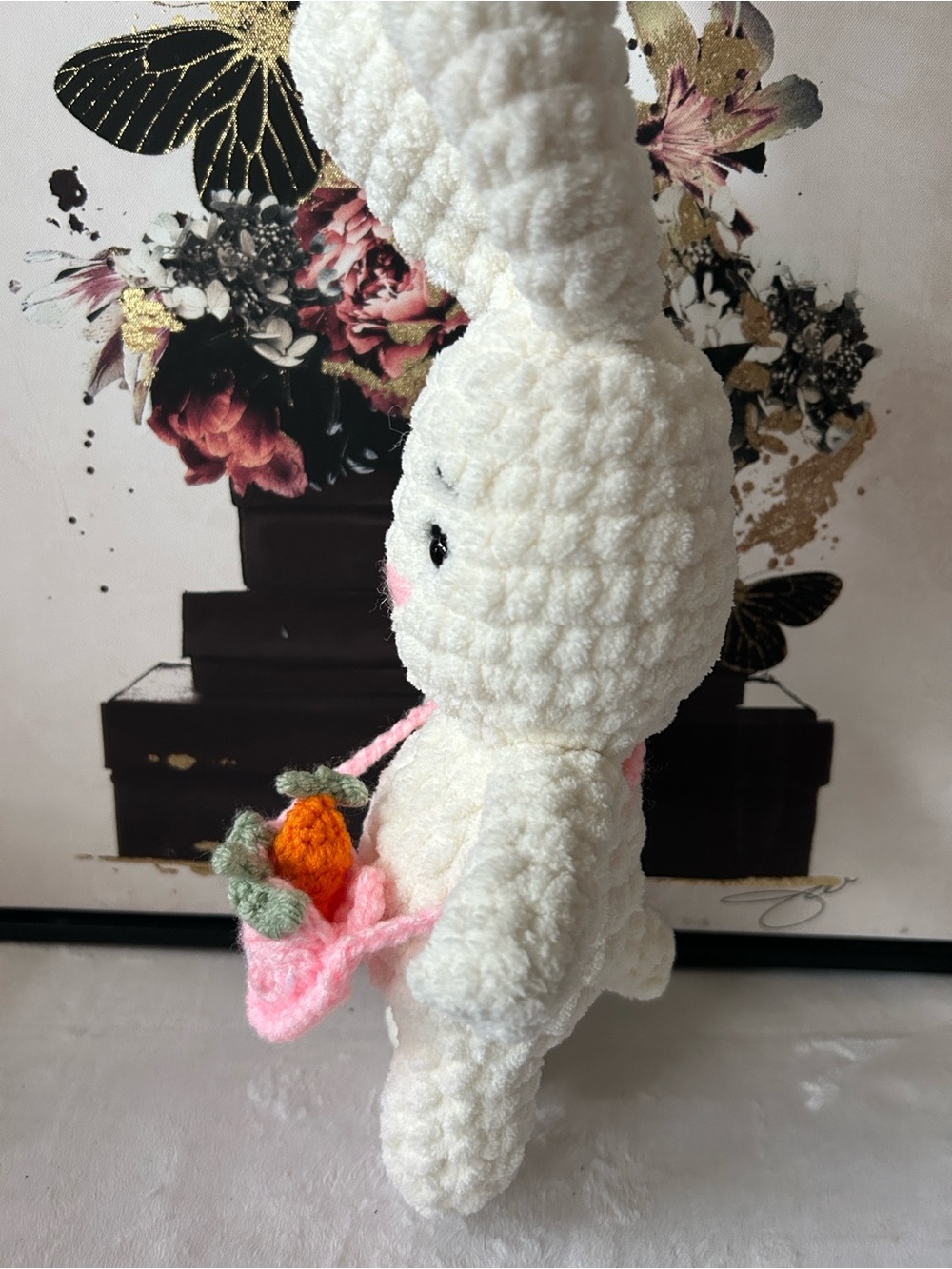Handmade Plush Bunny with Strawberry Bag and Carrot - Picture 3 of 5